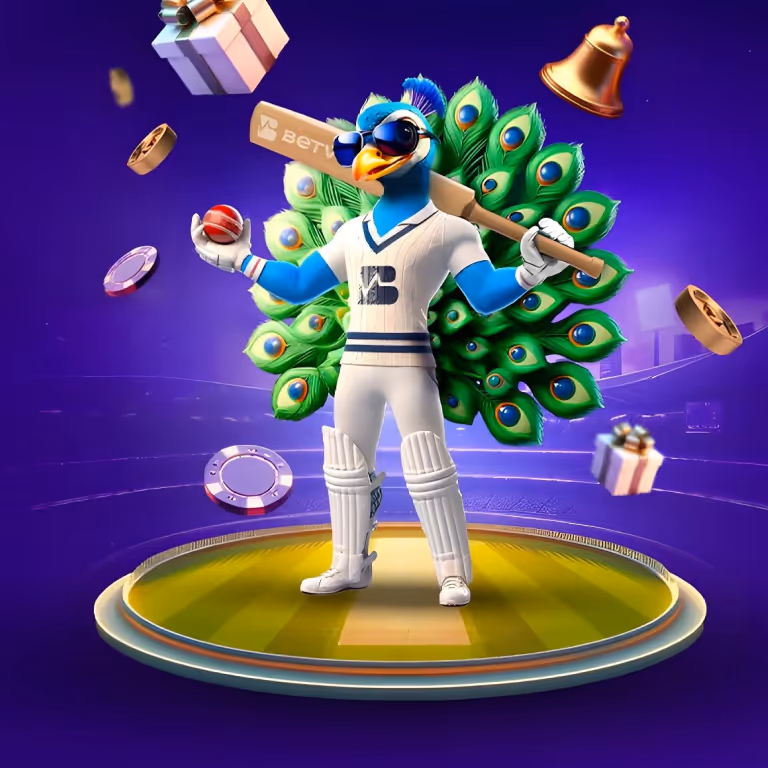 Betvibe mascot on a golden platform surrounded by bonus items, celebrating Betvibe Bonuses and rewards.